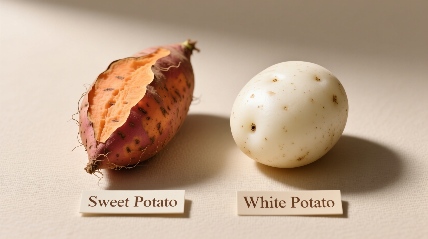 Side-by-side comparison of sweet potato and white potato