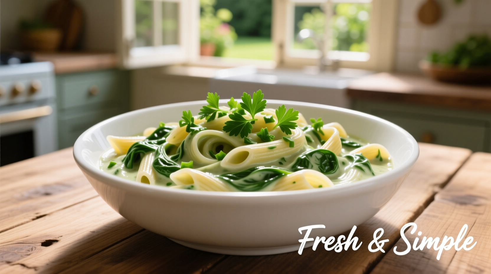 Creamy spinach pasta sauce in white bowl with fresh parsley