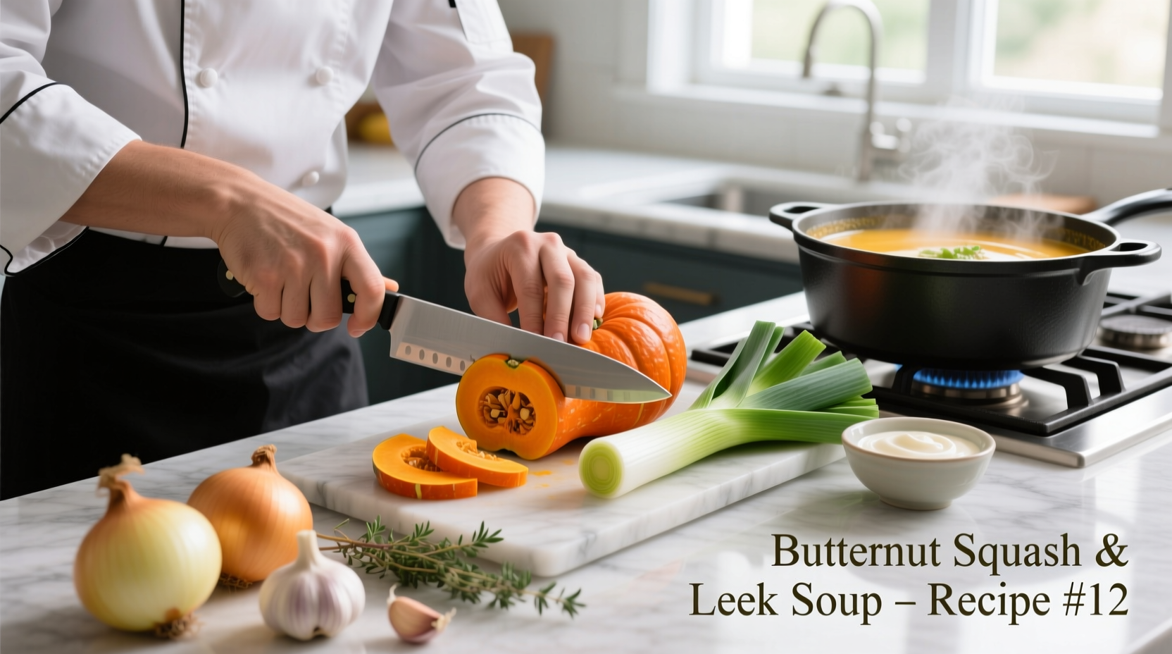 Chef preparing butternut squash leek soup ingredients