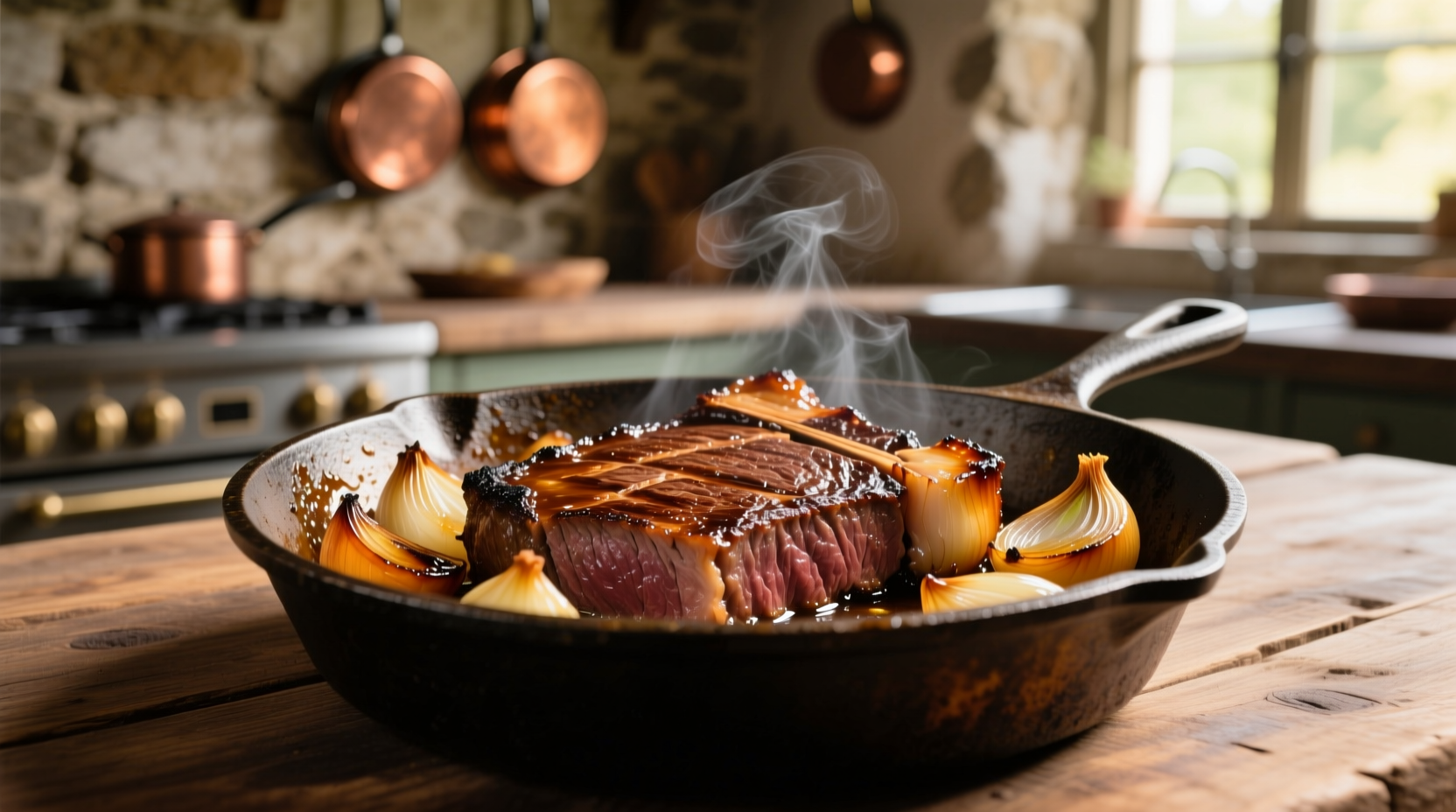 Perfectly caramelized onion steak on cast iron skillet
