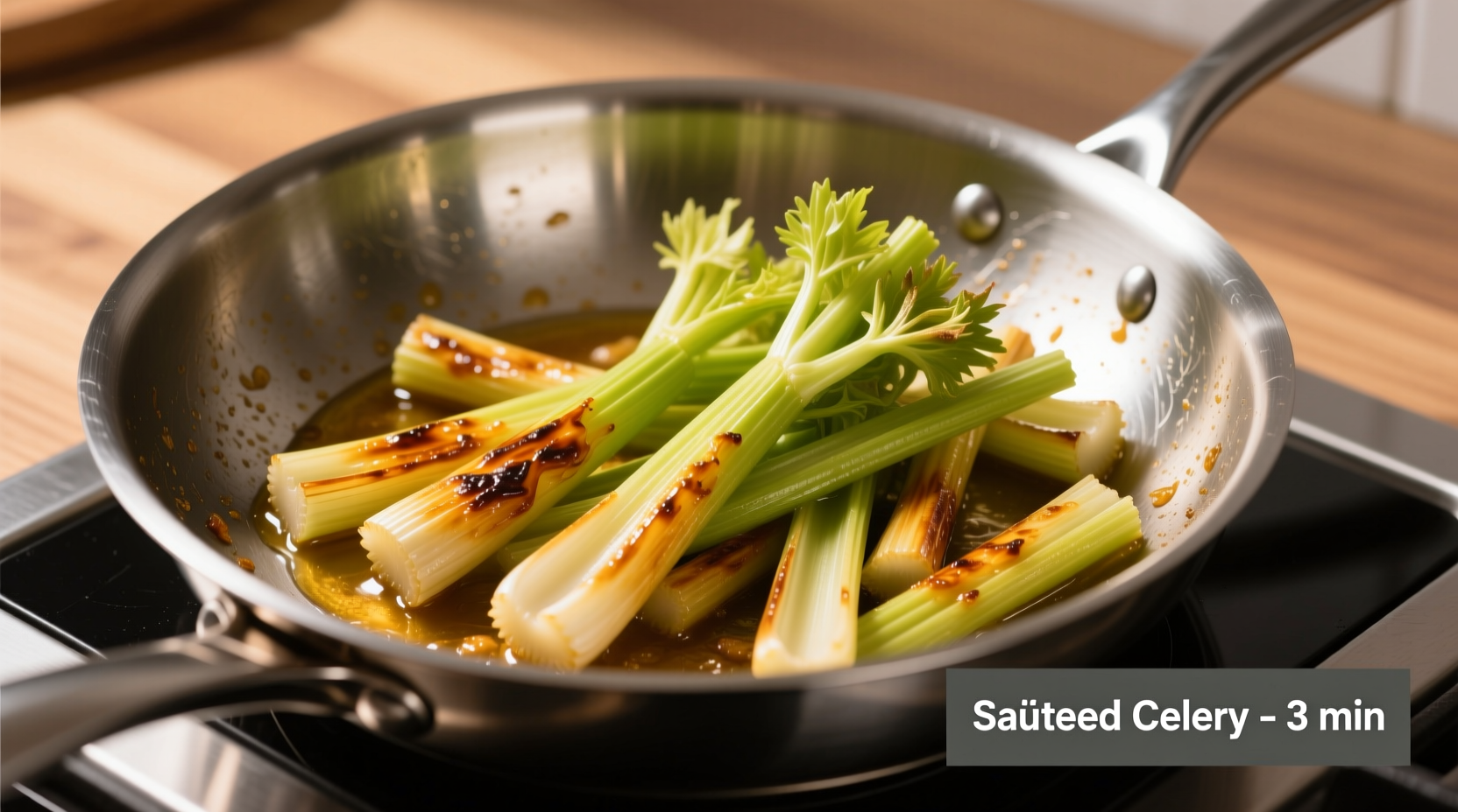 Golden sauteed celery in stainless steel skillet