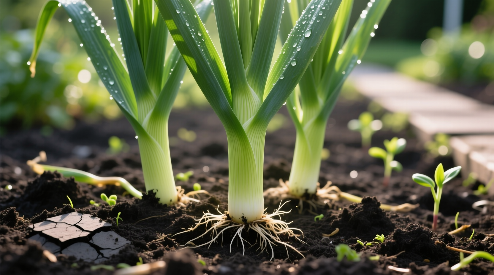 Healthy leek plants growing in garden soil