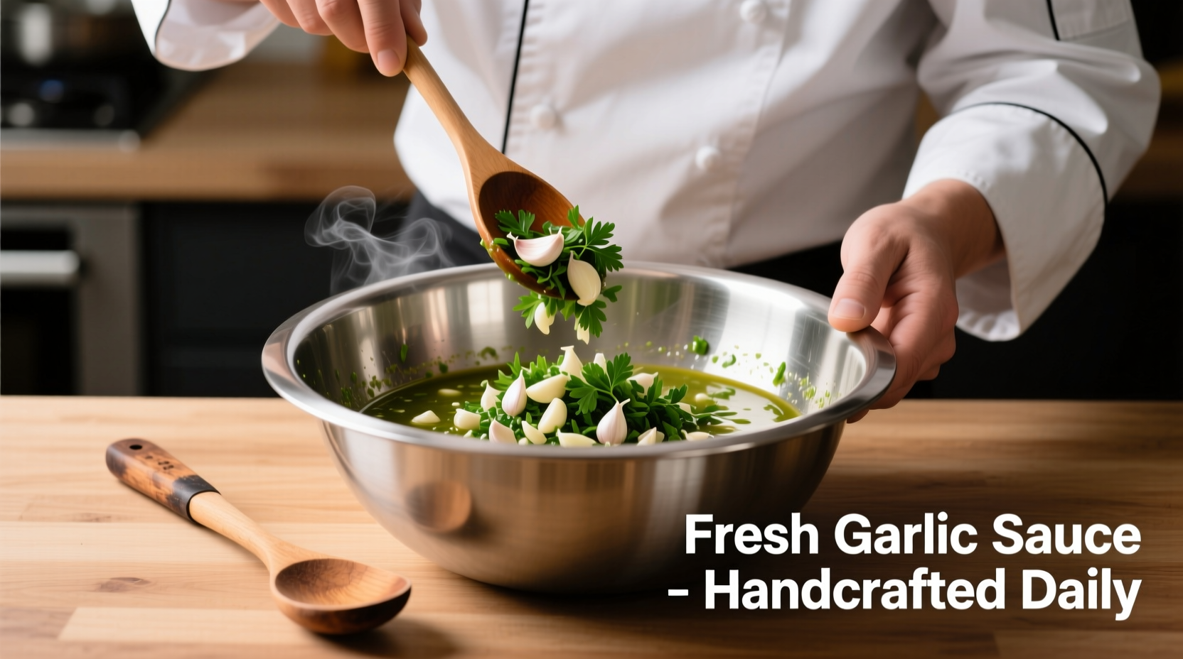 Chef preparing fresh garlic sauce in stainless steel bowl