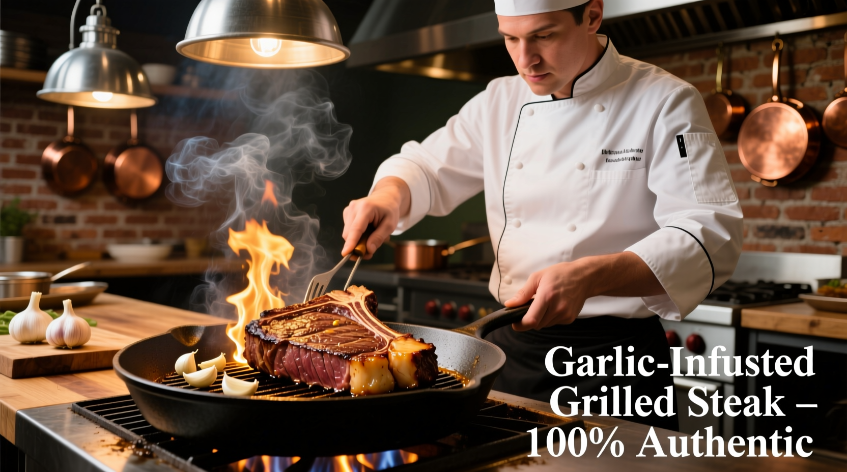 Chef spooning garlic butter over sizzling steak in cast-iron skillet