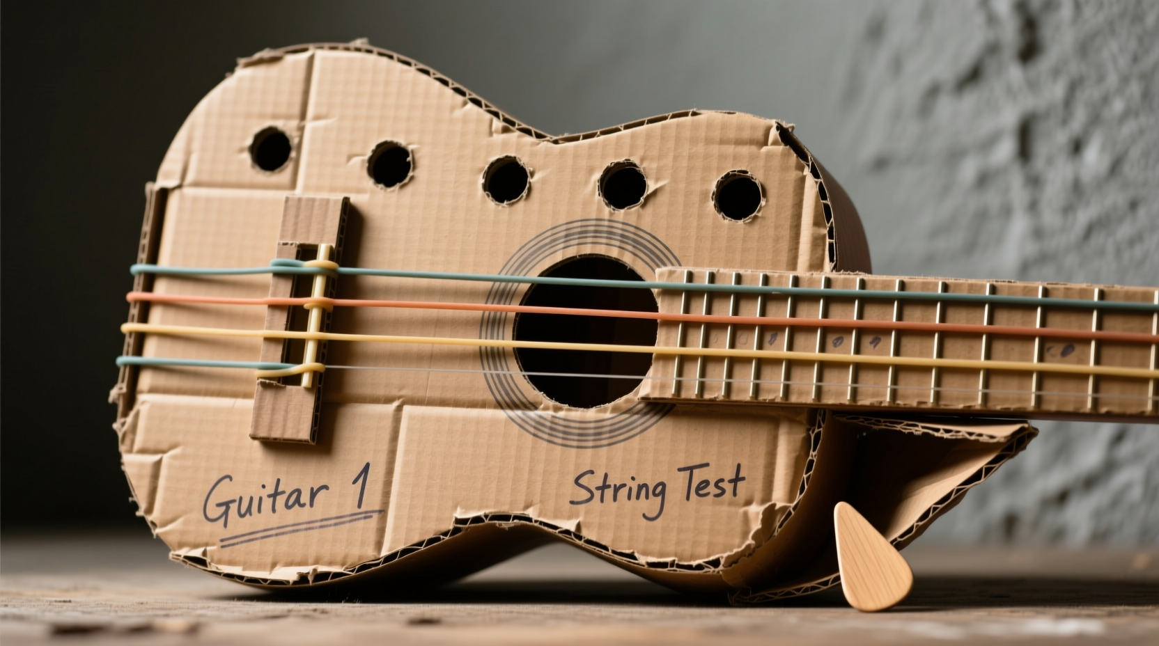 Cardboard box guitar with rubber bands stretched across holes