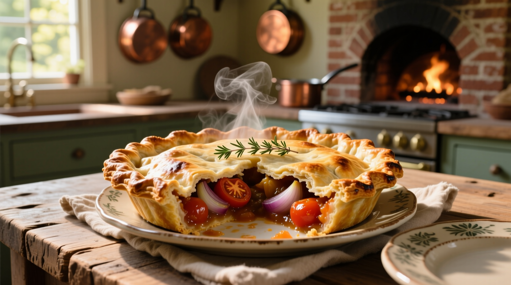 Freshly baked Southern tomato pie with golden crust