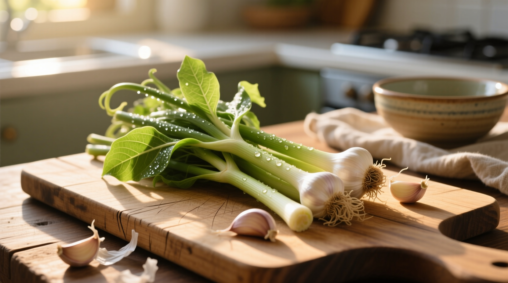 Fresh garlic stems arranged on wooden cutting board