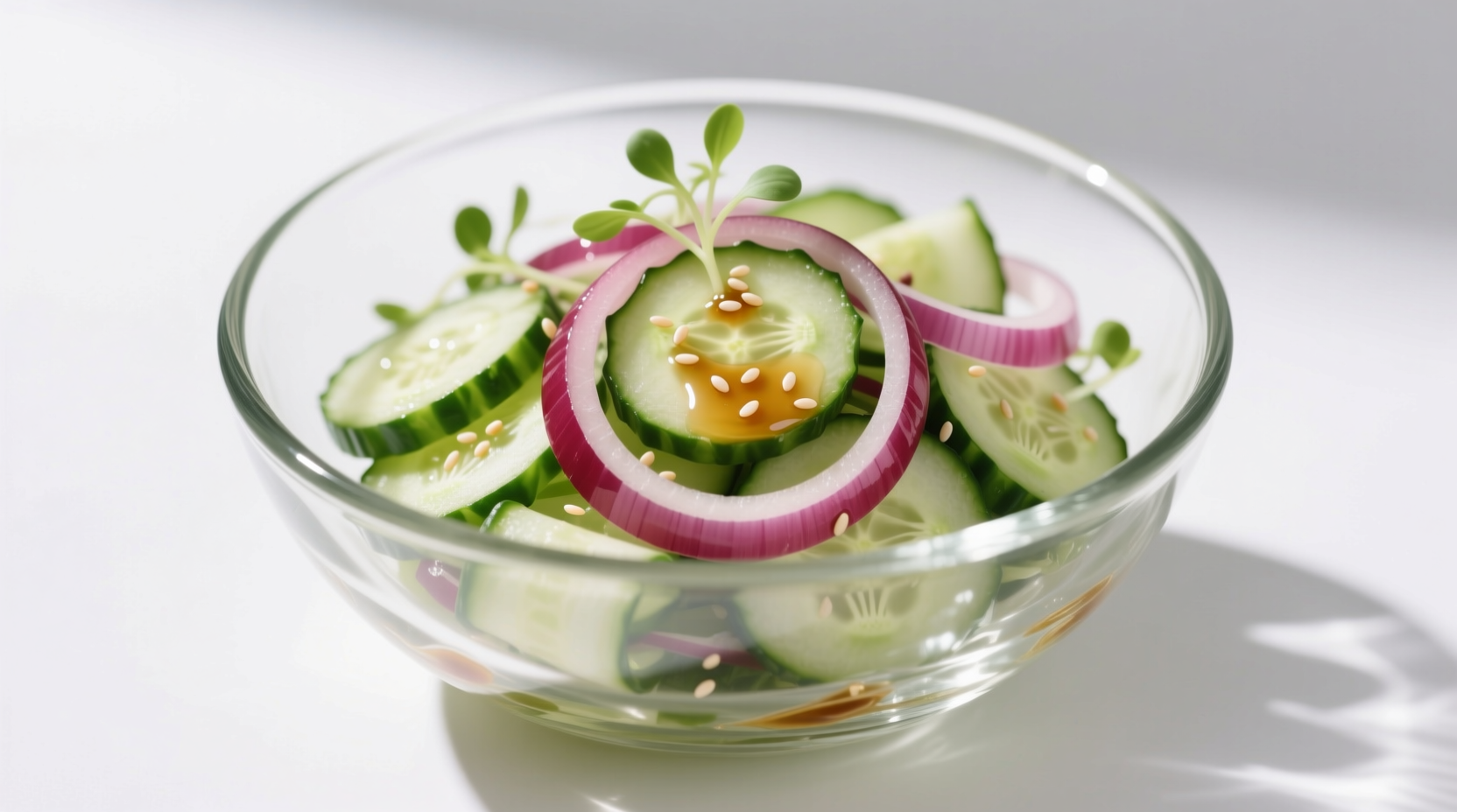 Crisp cucumber onion salad in glass bowl