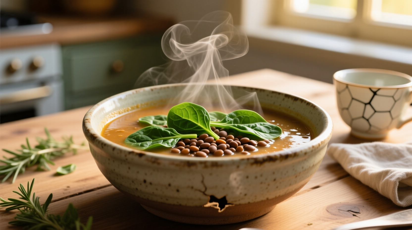 Bowl of steaming lentil soup with spinach