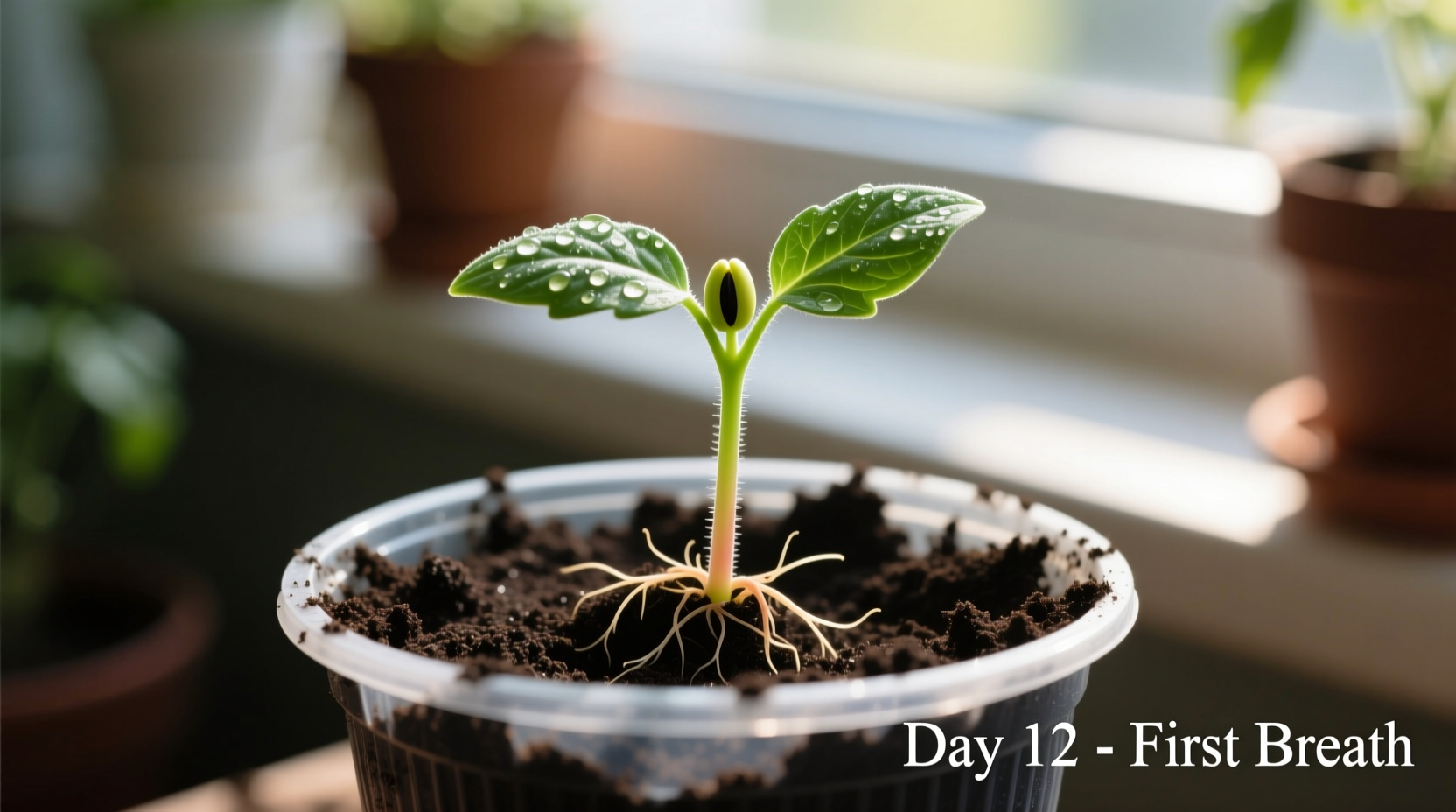 Tomato seedling emerging from soil in starter pot
