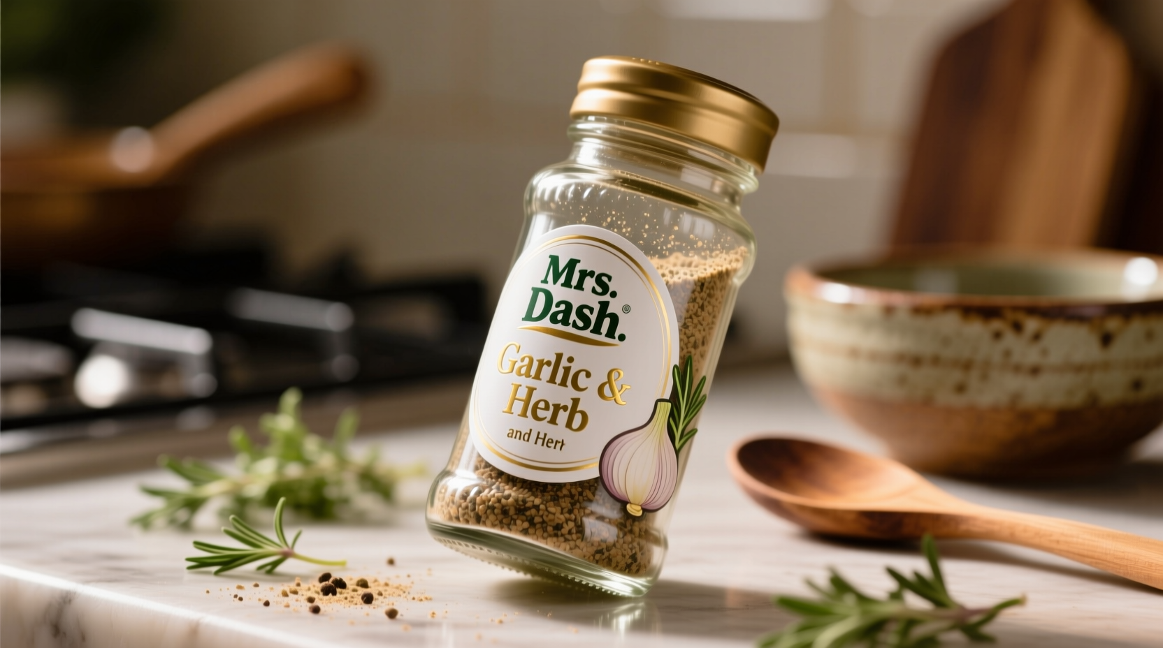 Close-up of Mrs. Dash Garlic and Herb seasoning bottle