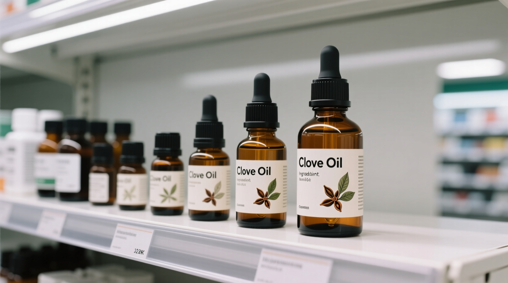 Clove oil bottles on pharmacy shelf