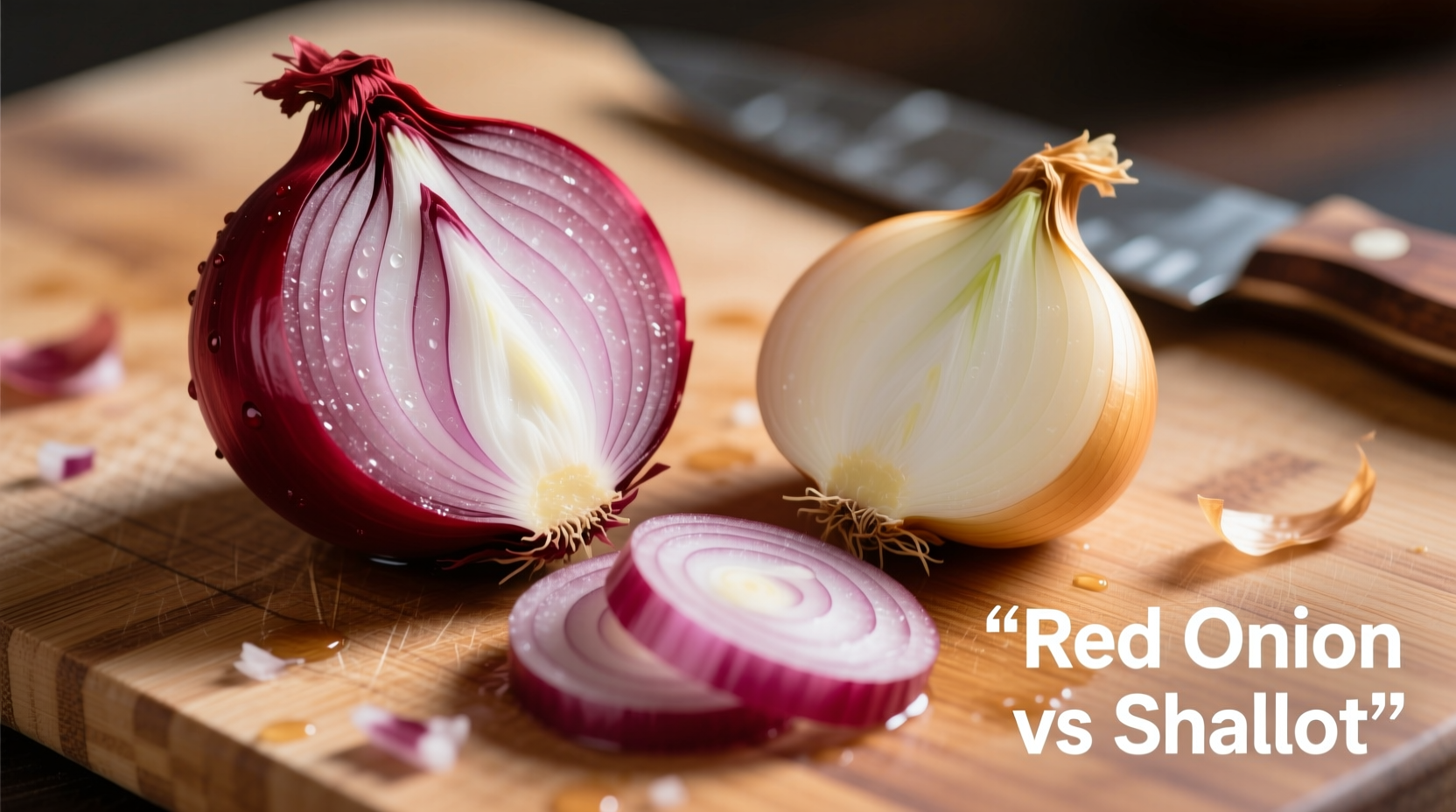 Red onion and shallot comparison on cutting board