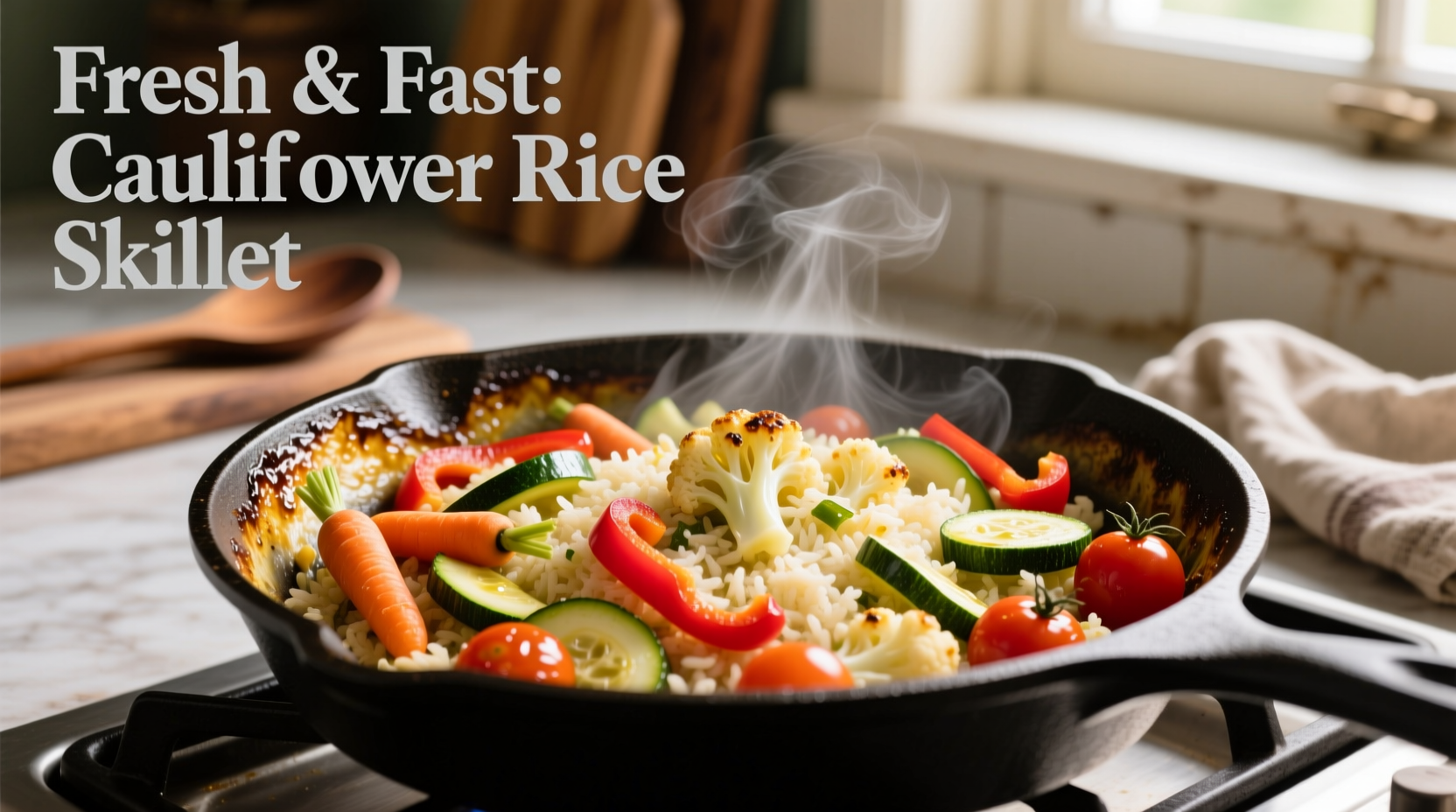 Frozen cauliflower rice cooked with vegetables in skillet