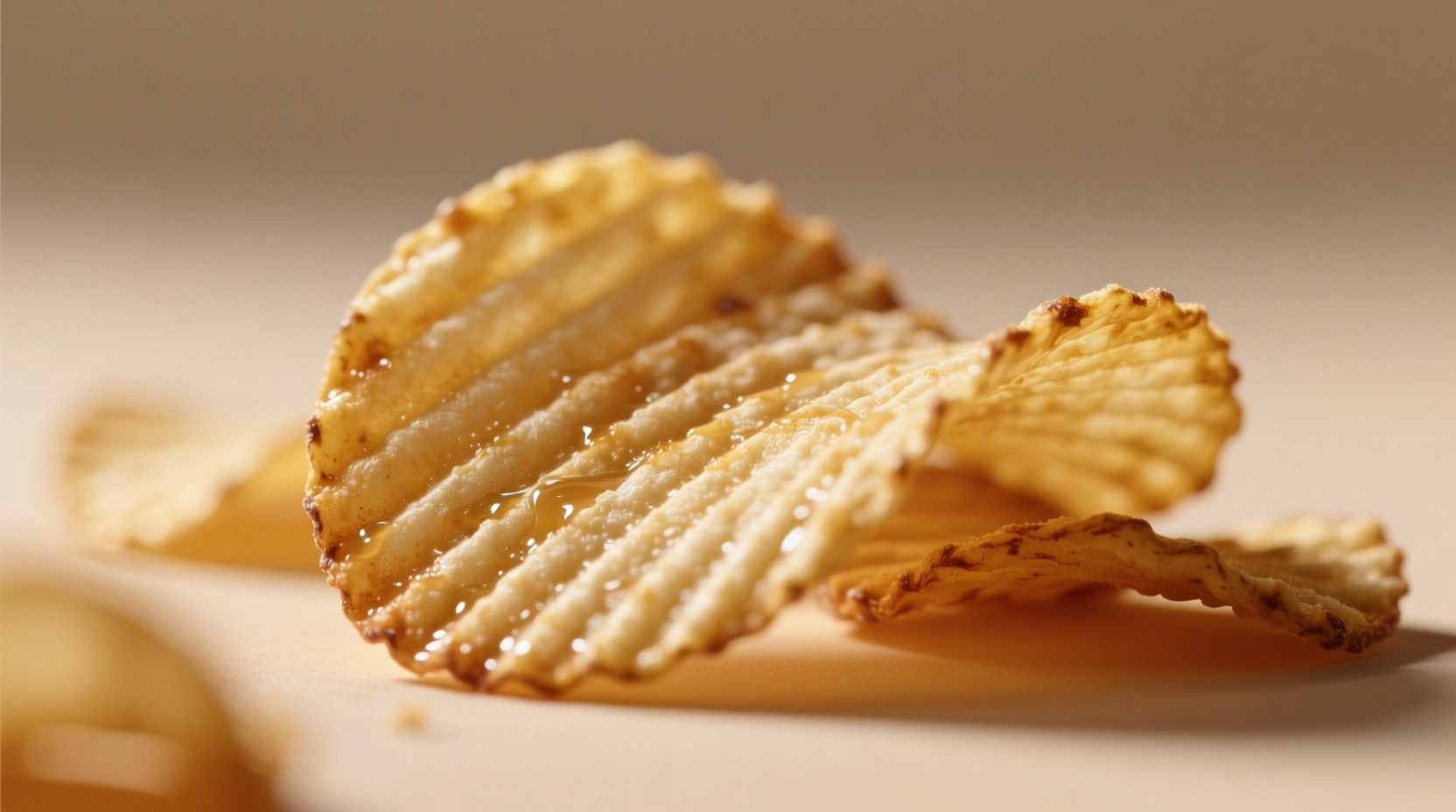 Close-up of ripple potato chips showing textured surface