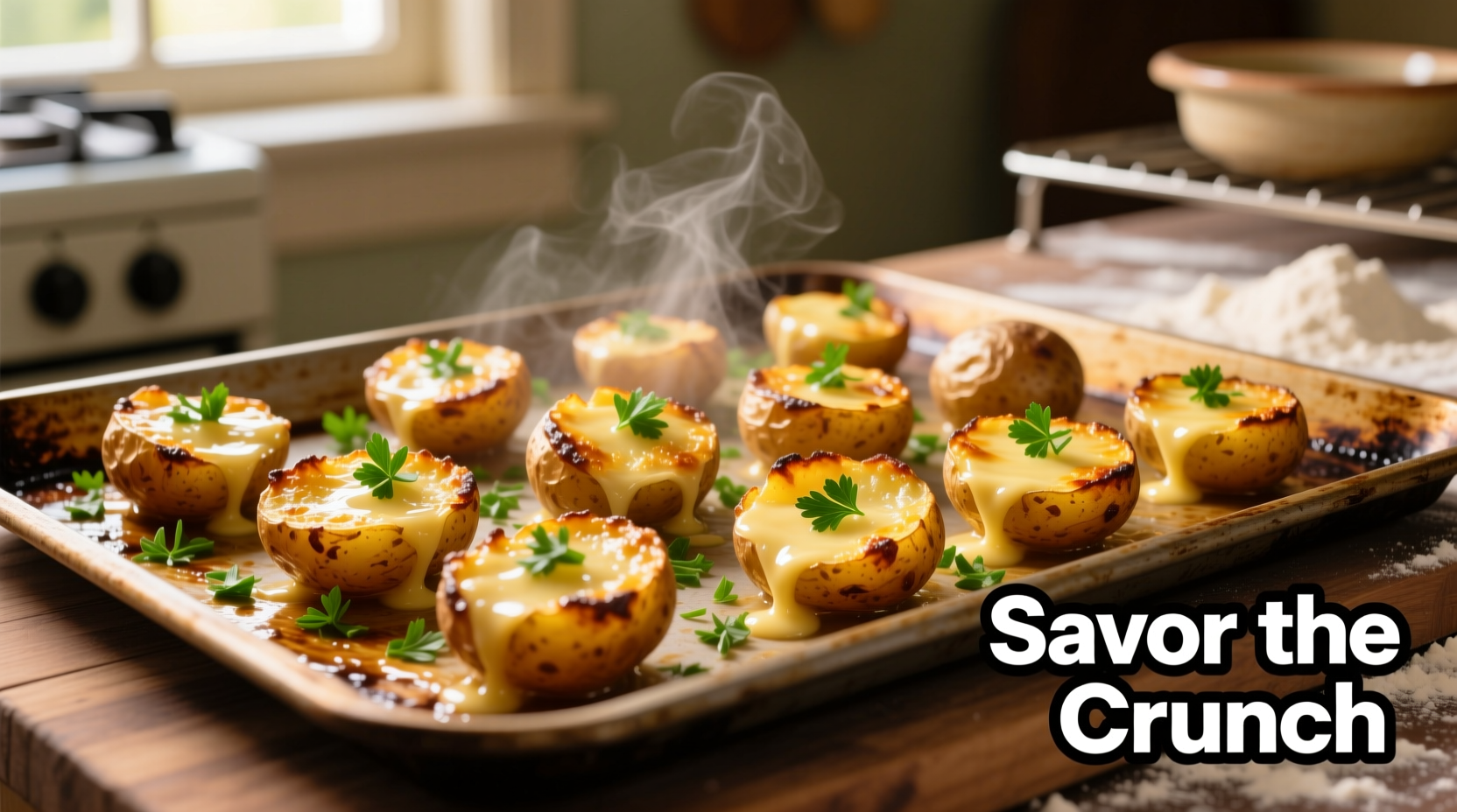 Golden roasted garlic butter potatoes on baking sheet