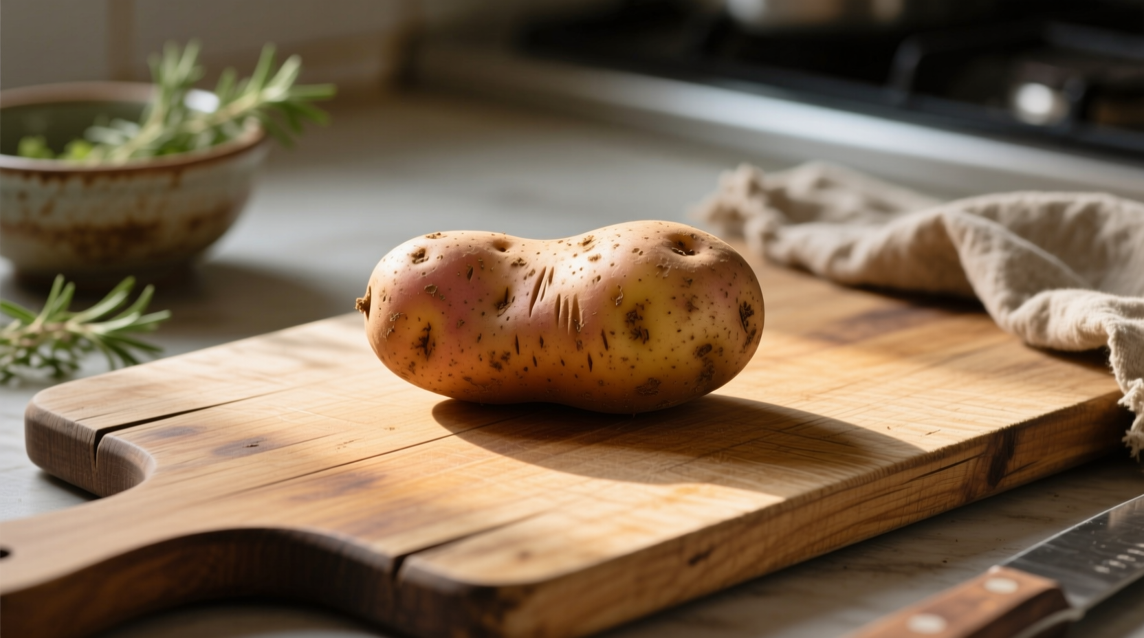 Medium russet potato on wooden cutting board