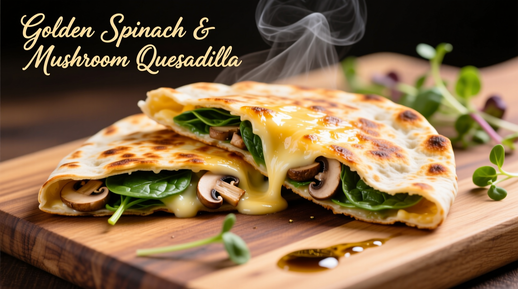 Perfectly golden spinach mushroom quesadilla cut in half