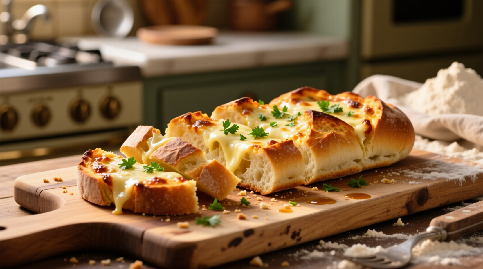 Homemade Pizza Hut style garlic bread on wooden cutting board