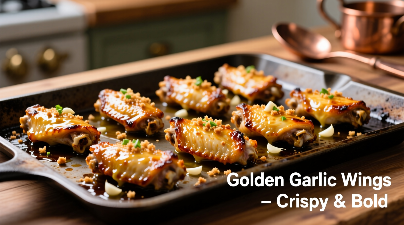 Perfect golden garlic wings on baking sheet