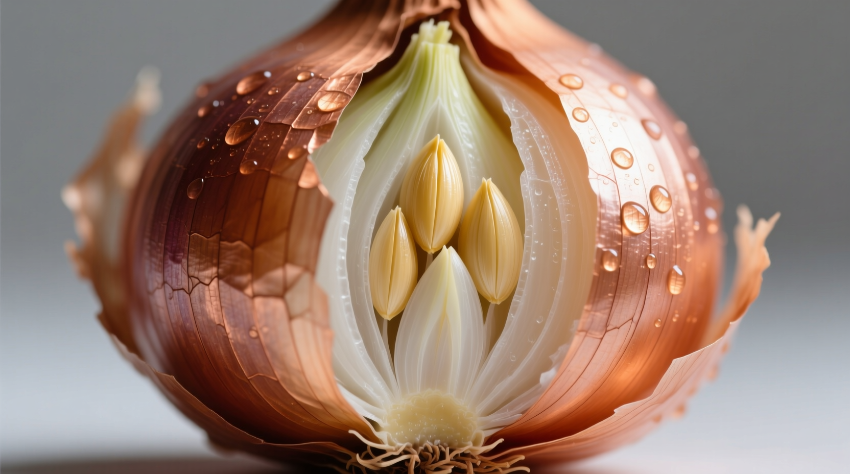 Close-up of shallot onion showing copper skin and clove structure