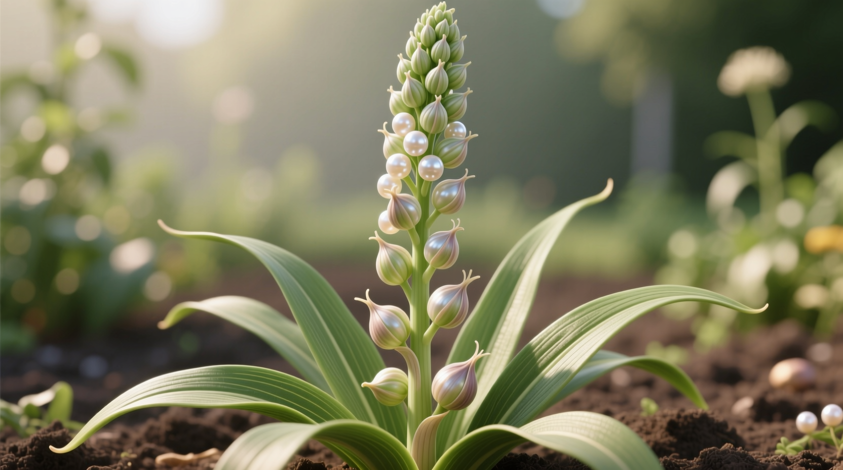 Hardneck garlic plant with developing bulbils in flower stalk