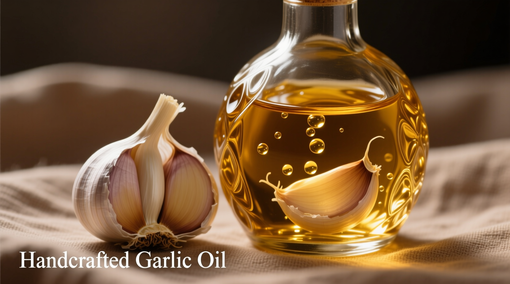 Garlic oil drops in amber glass bottle with cloves