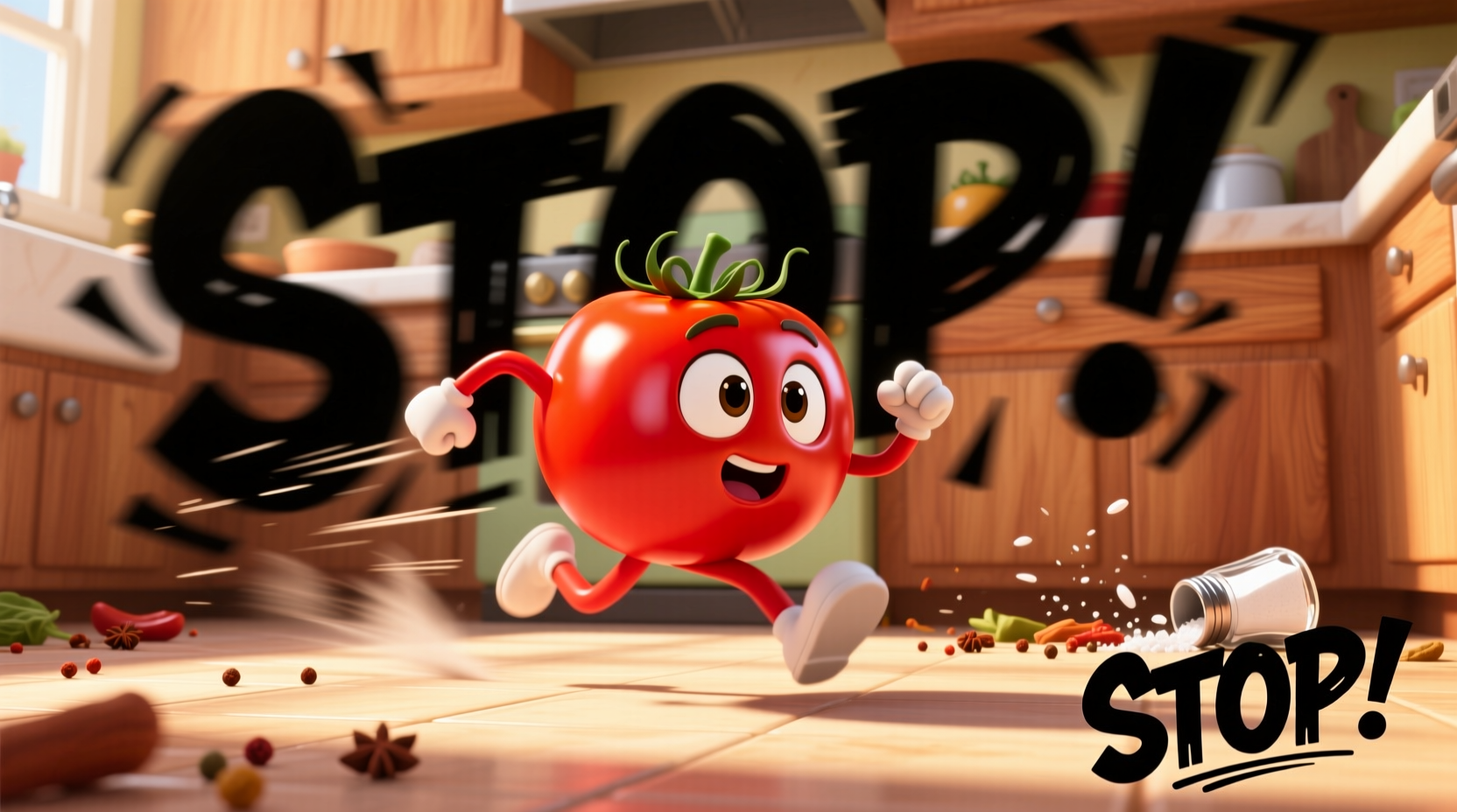 Animated tomato character running from text