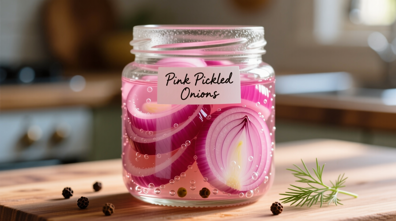 Vibrant pink quick pickled red onions in glass jar