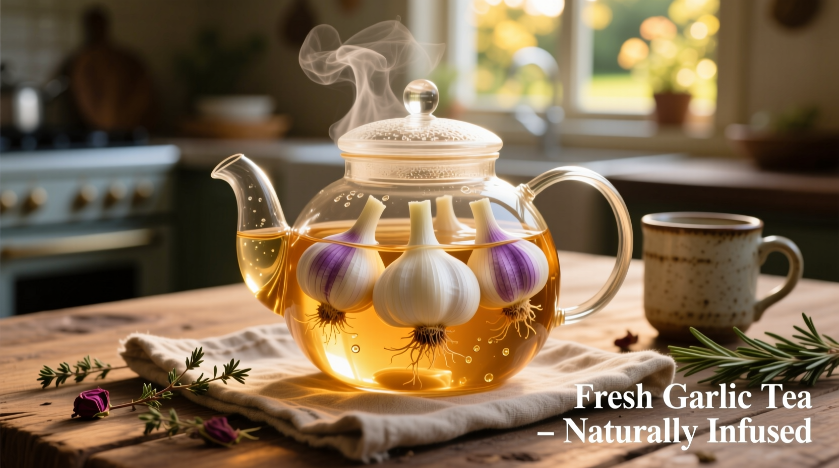 Fresh garlic cloves steeping in golden tea