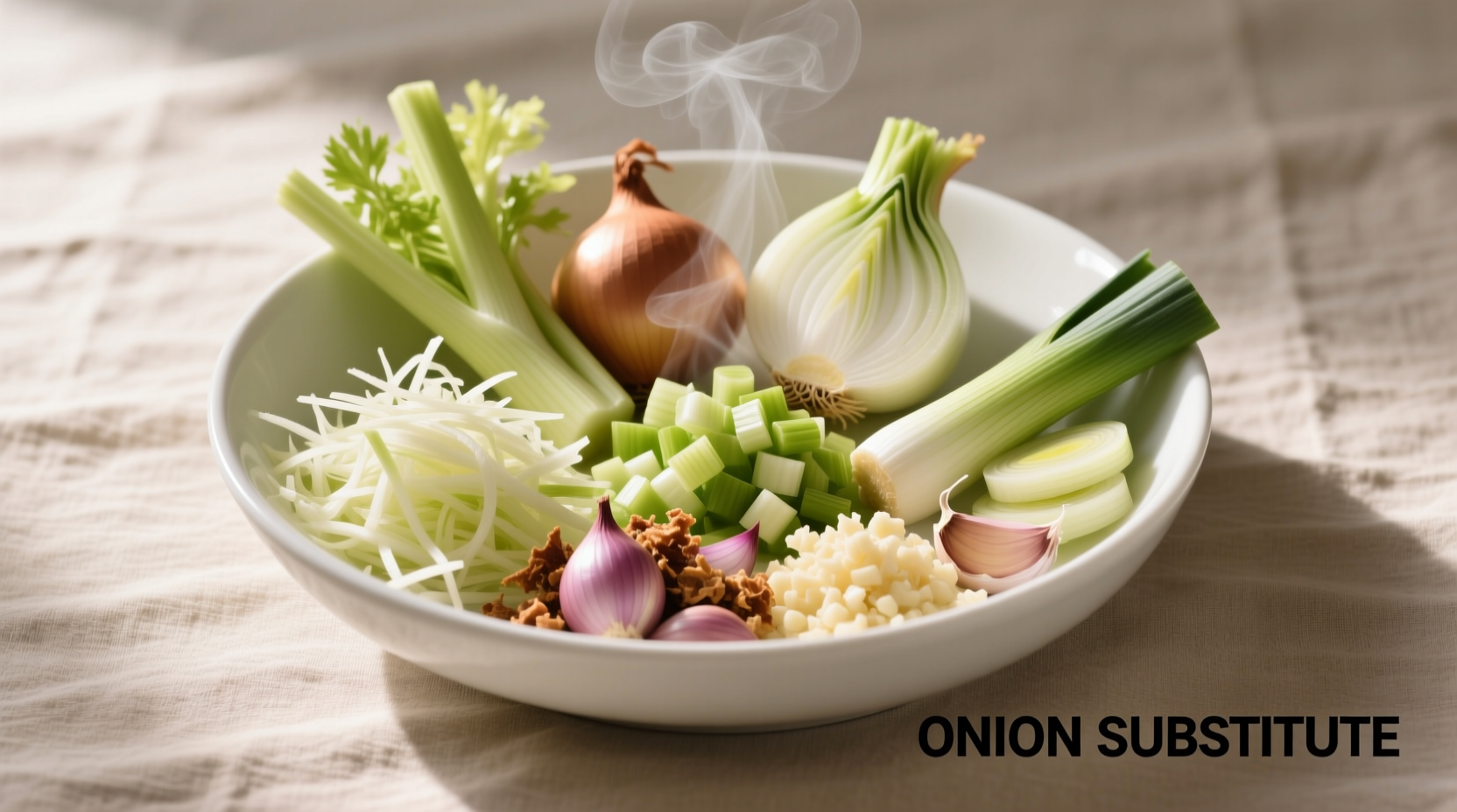 Various onion substitute ingredients arranged neatly