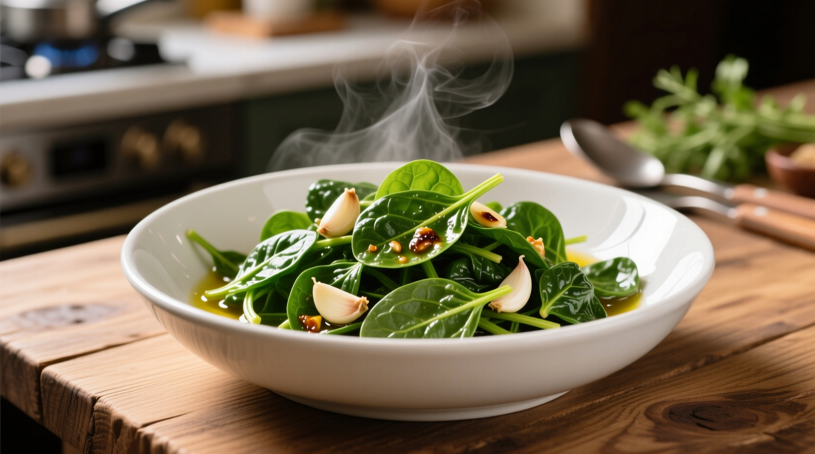 Perfectly sautéed spinach with garlic in a white bowl