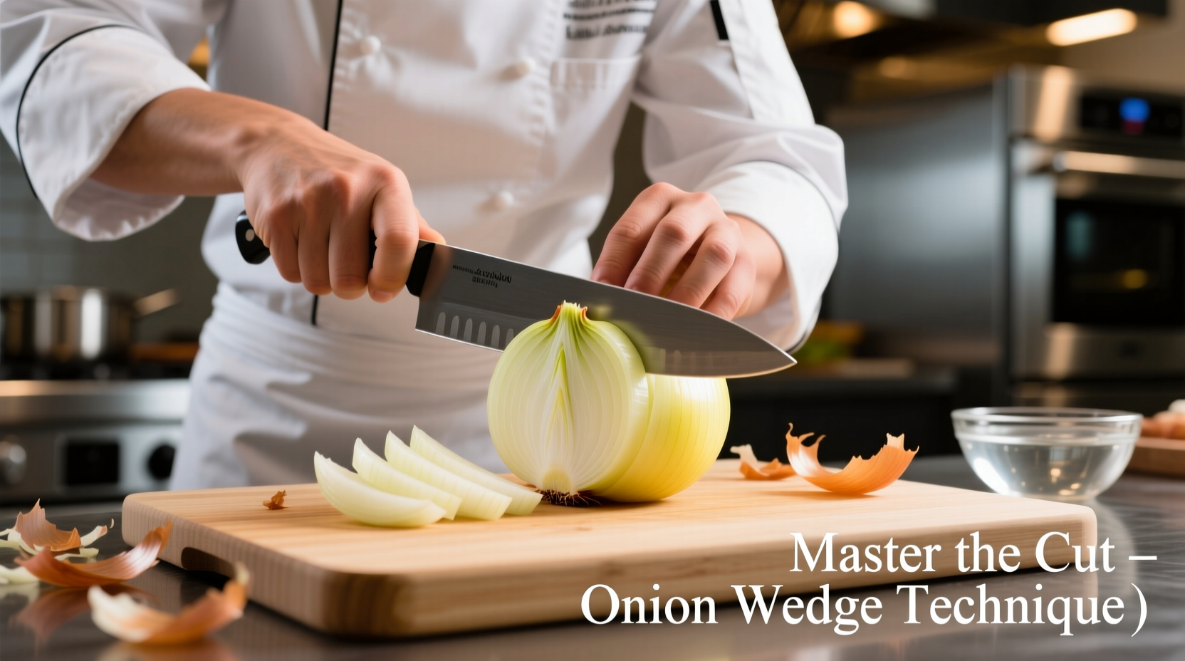 Chef demonstrating proper onion wedge cutting technique