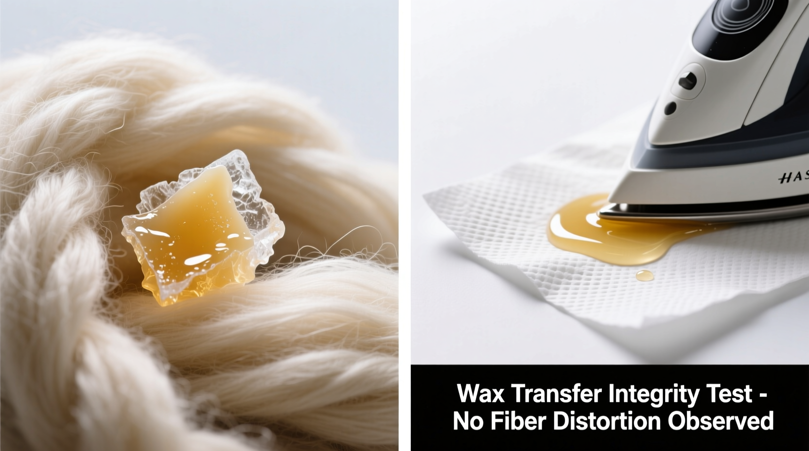 Close-up of a hand using a chilled plastic card to lift brittle, translucent wax flakes from the raised nub of a cream wool throw—no distortion or stretching visible in the surrounding knit
