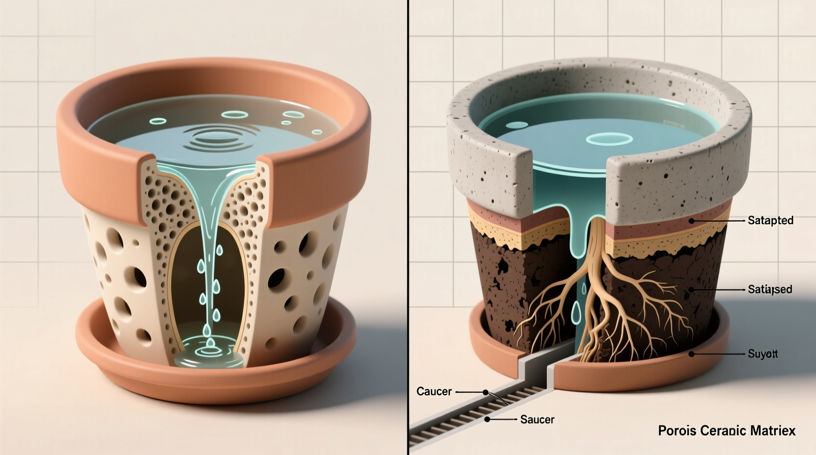 Side-by-side cross-section diagram: left shows water draining freely through ceramic planter into saucer; right shows water pooling at base of sealed concrete pot with darkened, collapsed root zone