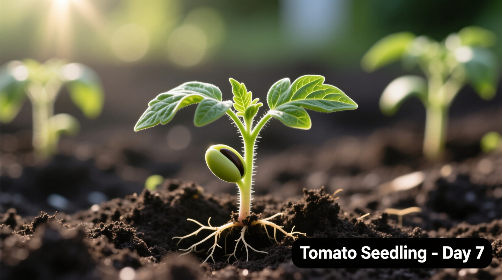 Tomato seedling showing first true leaves emerging