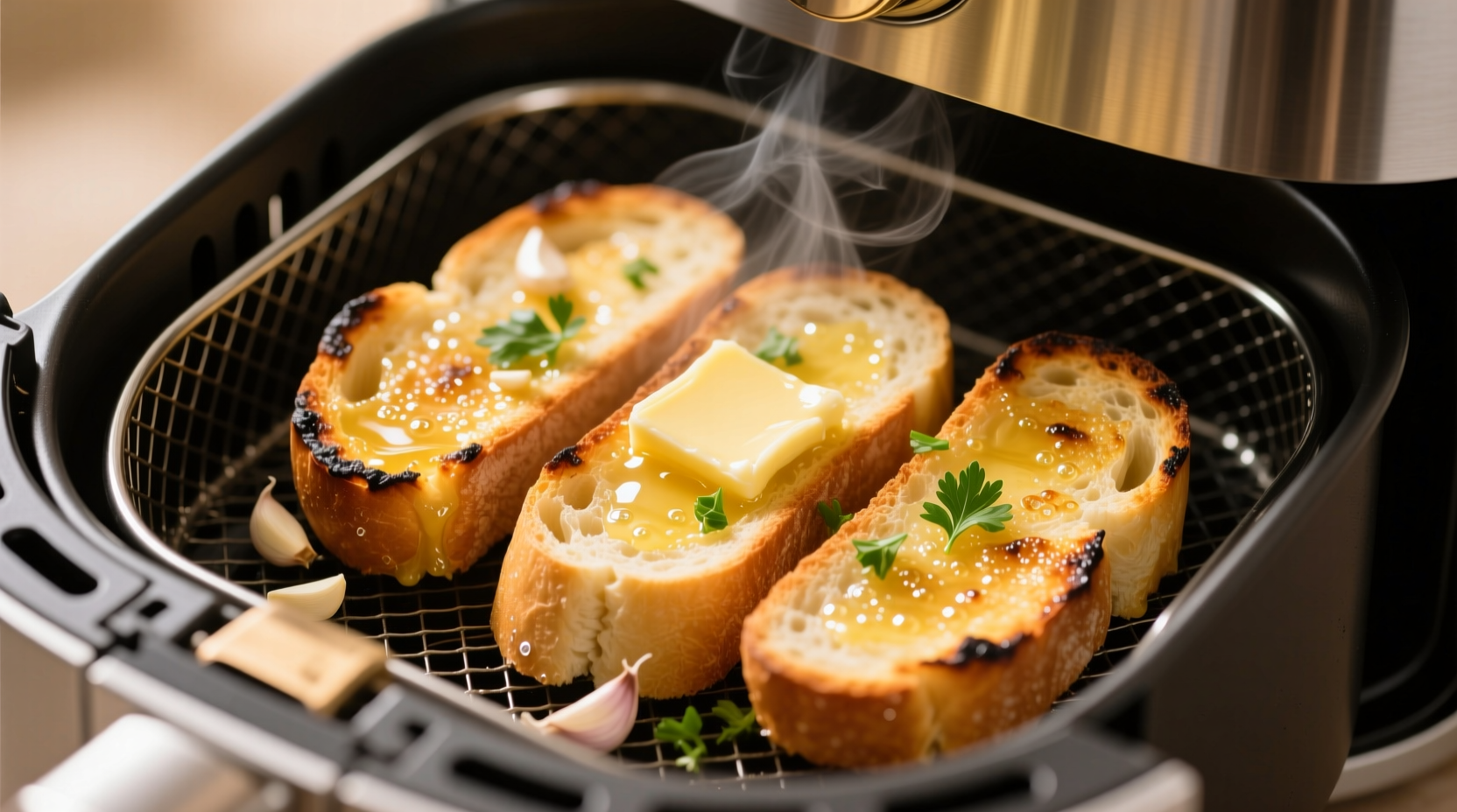 Perfect golden garlic bread in air fryer basket