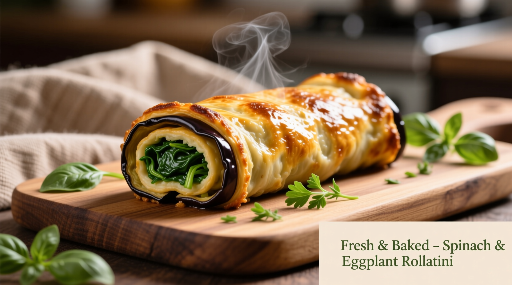 Golden baked eggplant rollatini with spinach filling