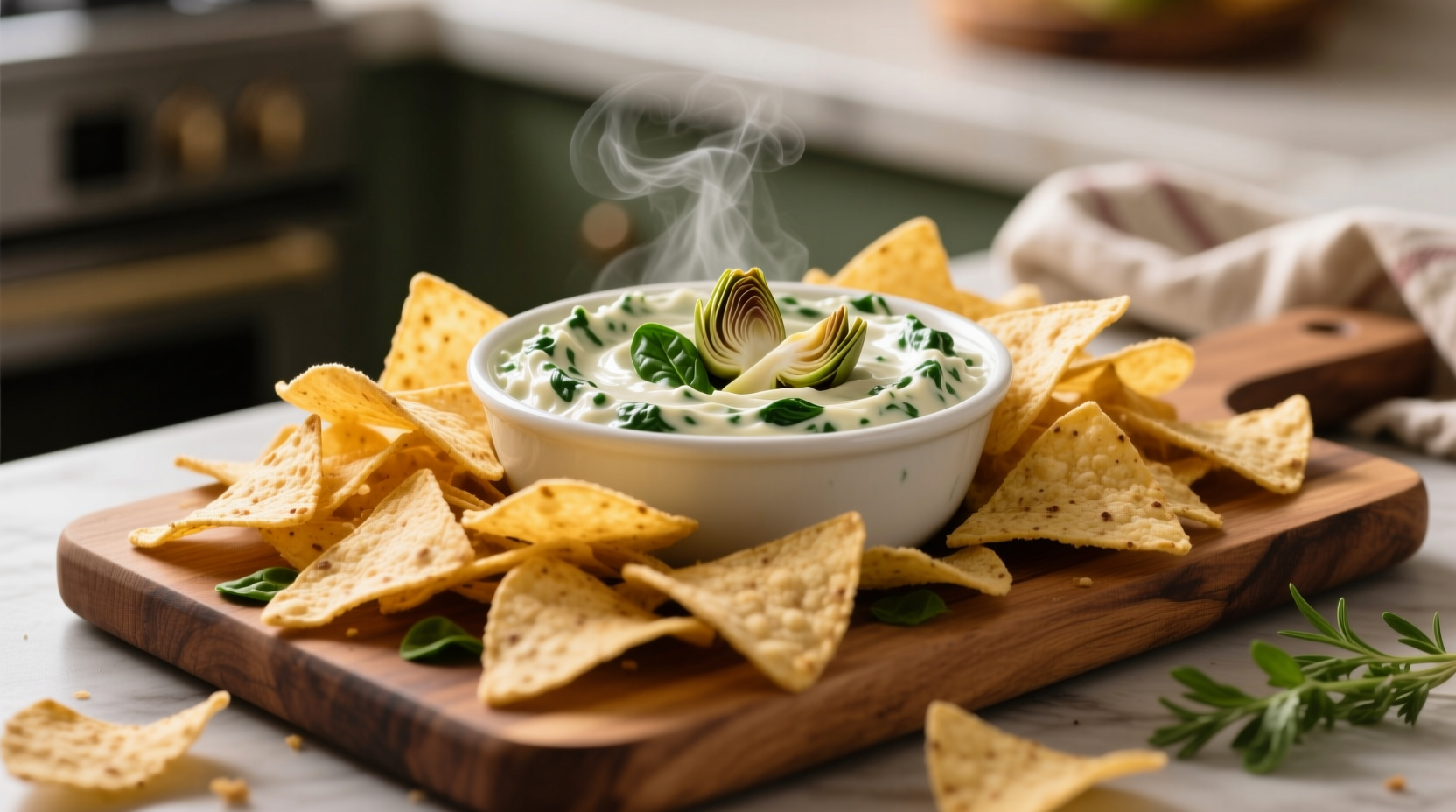 Creamy spinach artichoke dip served with tortilla chips