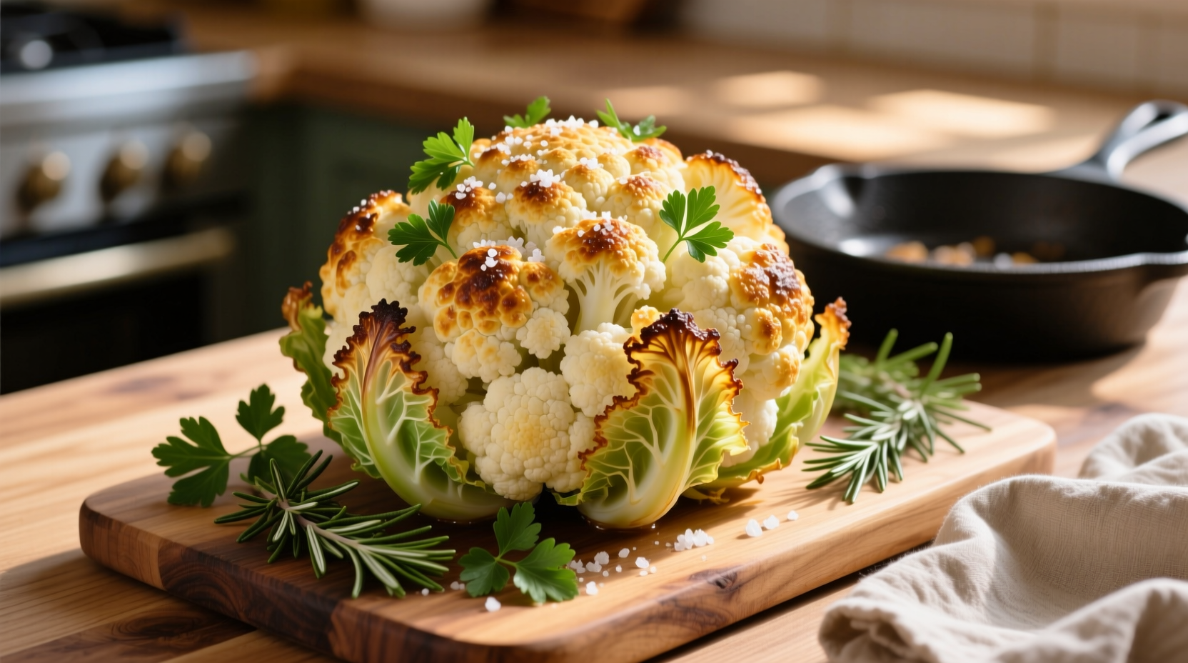 Golden baked whole cauliflower with crispy edges and fresh herbs
