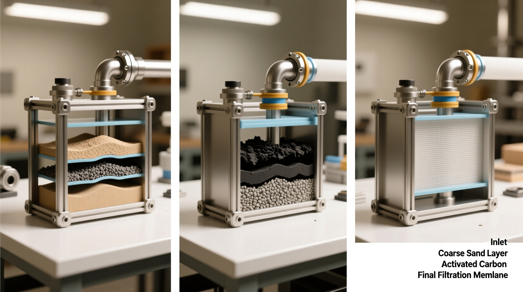 Step-by-step assembly of layered water filtration system