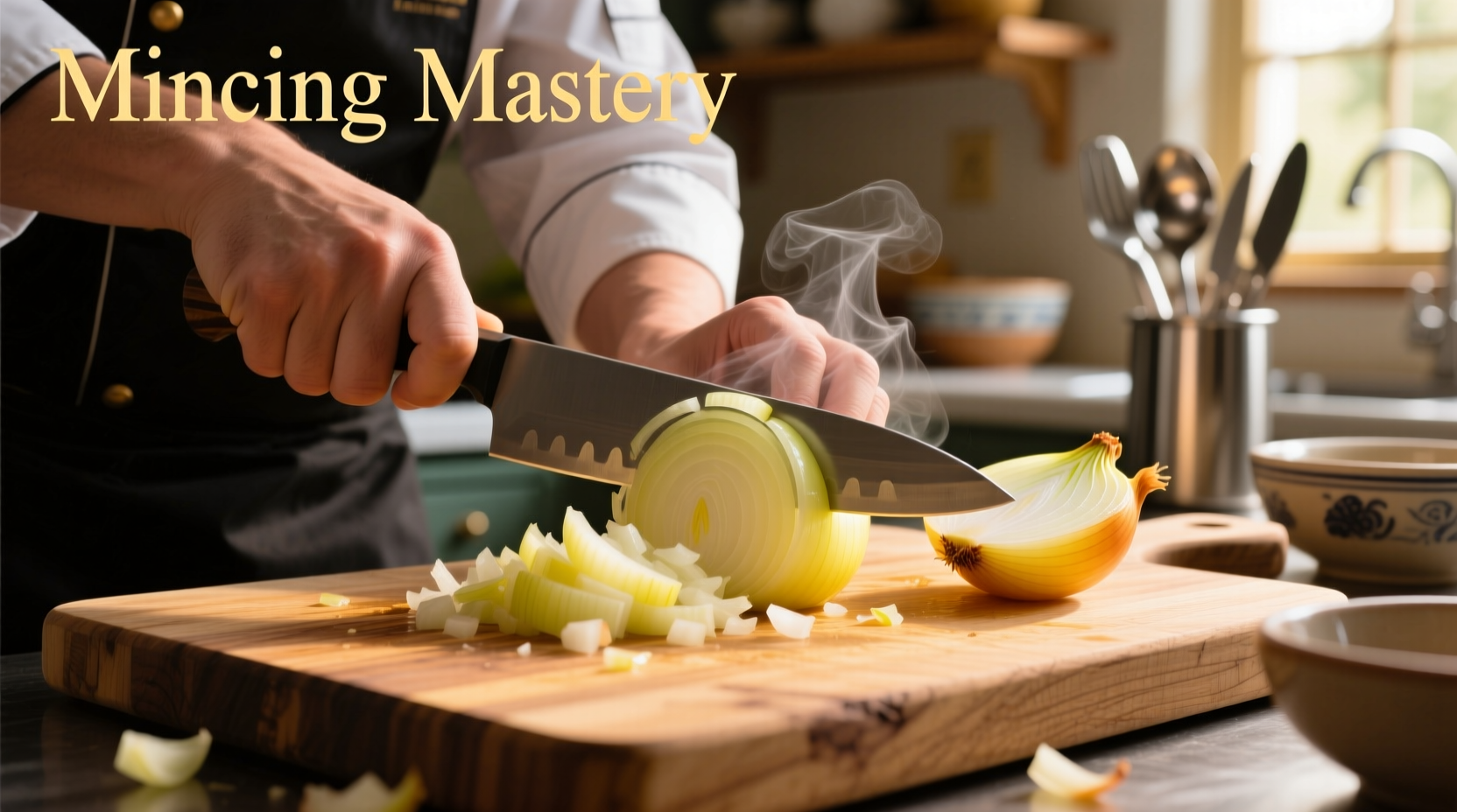 Chef mincing yellow onions on cutting board