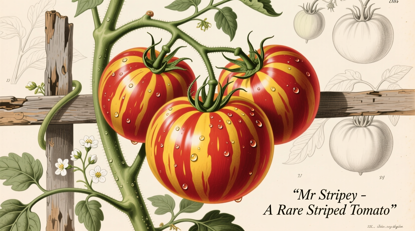 Mr Stripey tomato plant showing distinctive red and yellow striped fruits