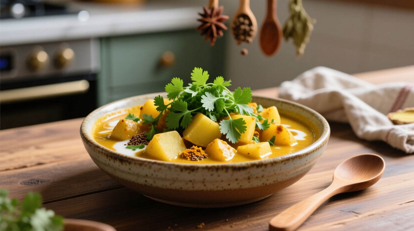 Vegan Kartoffelcurry mit frischem Koriander