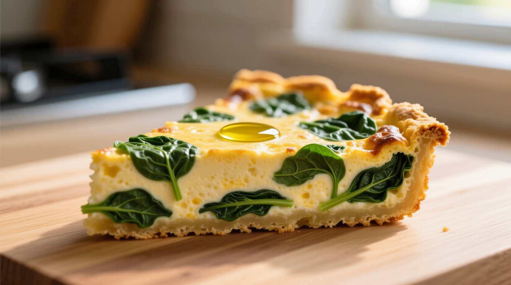 Perfect golden spinach egg frittata slice