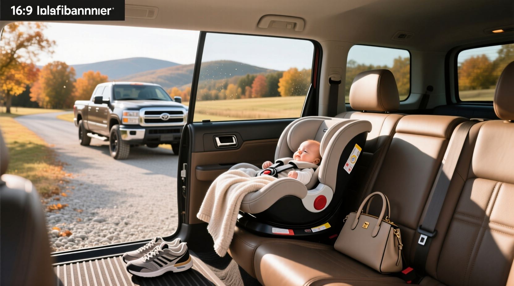 Infant car seat installed in the front seat of a pickup truck with airbag disabled