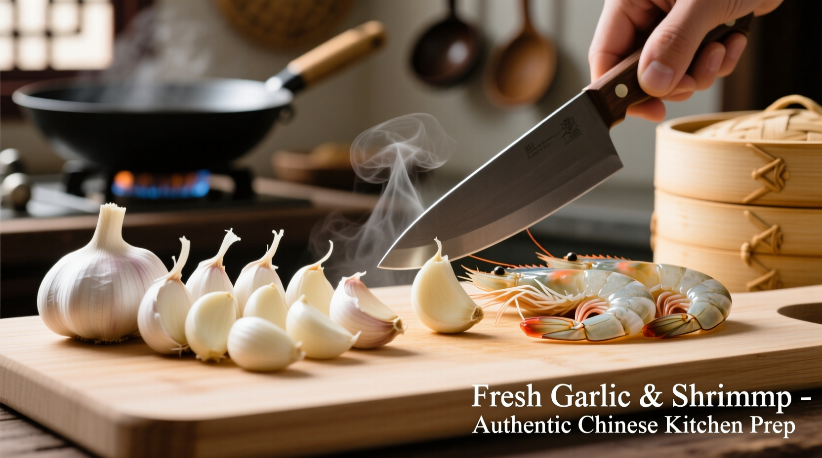 Fresh garlic and shrimp preparation for Chinese cooking