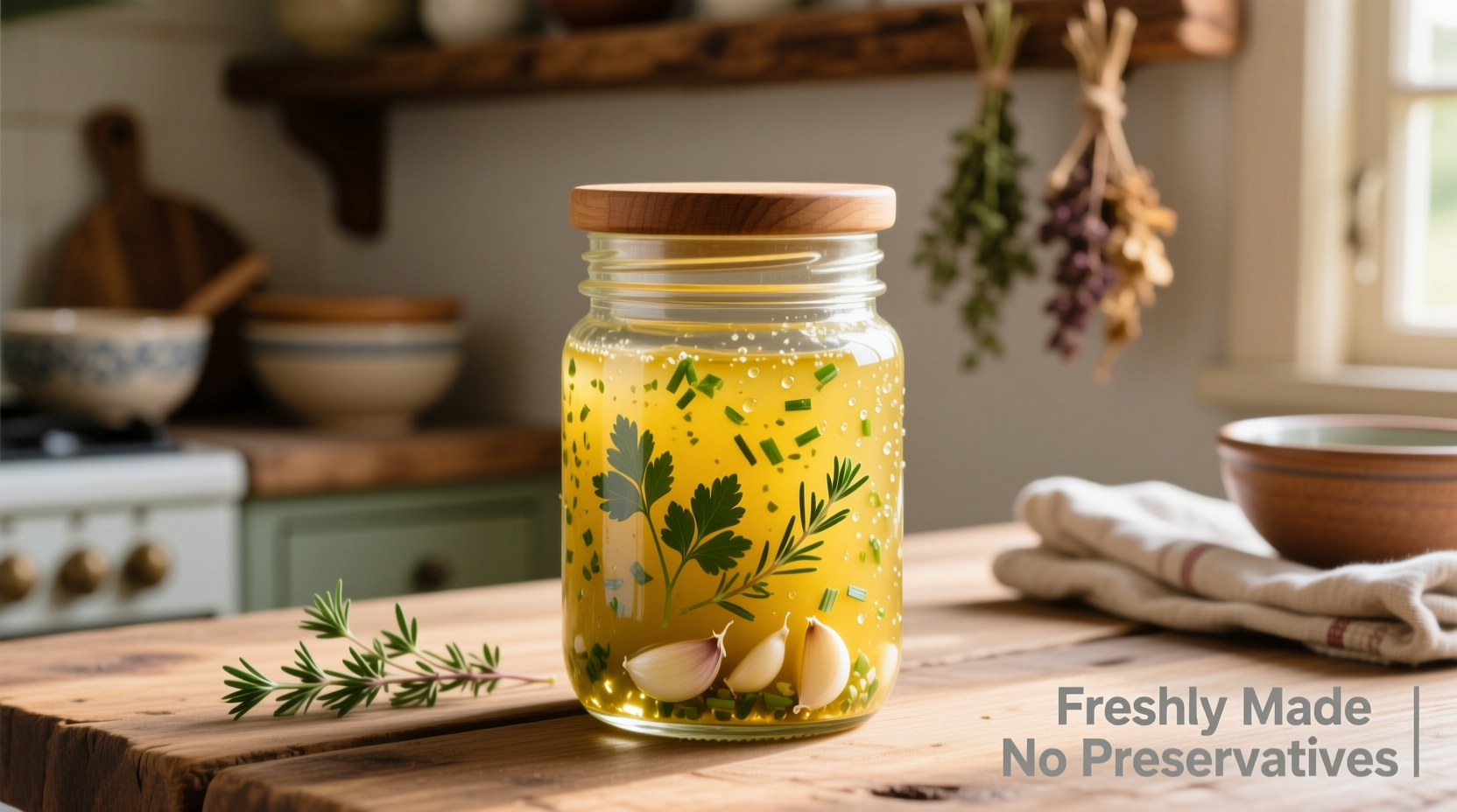 Homemade lemon garlic dressing in glass jar with herbs