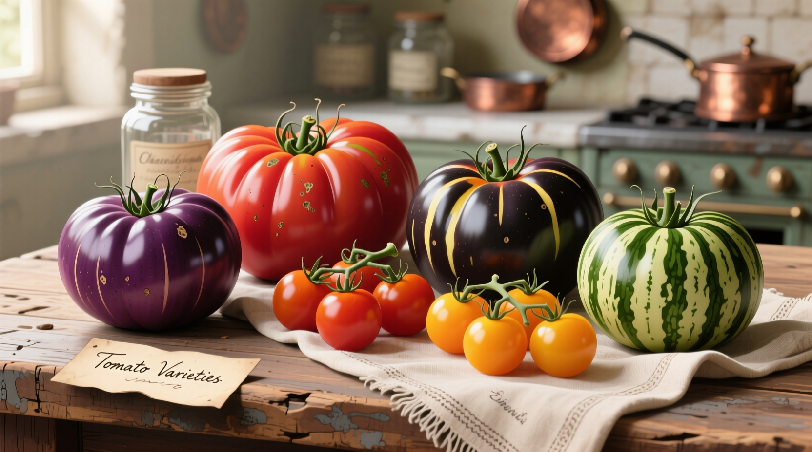 Various famous tomato varieties arranged on wooden table