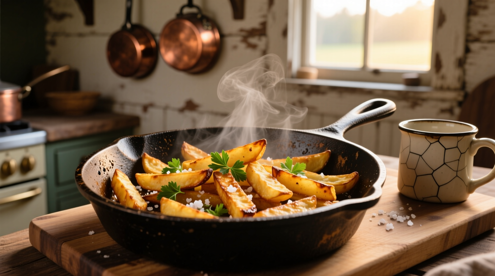 Golden brown home fries in cast iron skillet